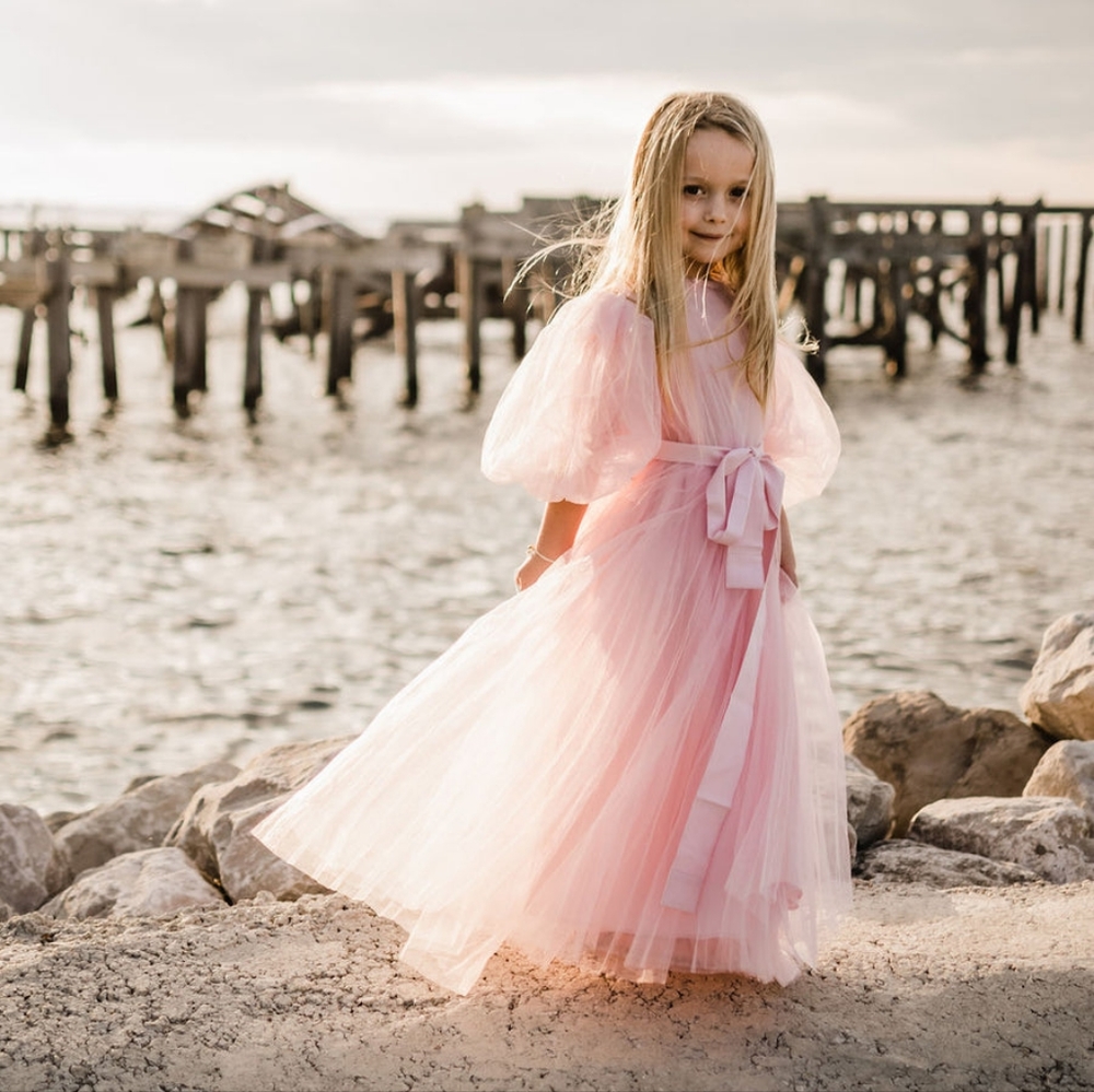 Tia Cibani Pink Crushed Pleated Tulle Girls Maxi Dress Gown